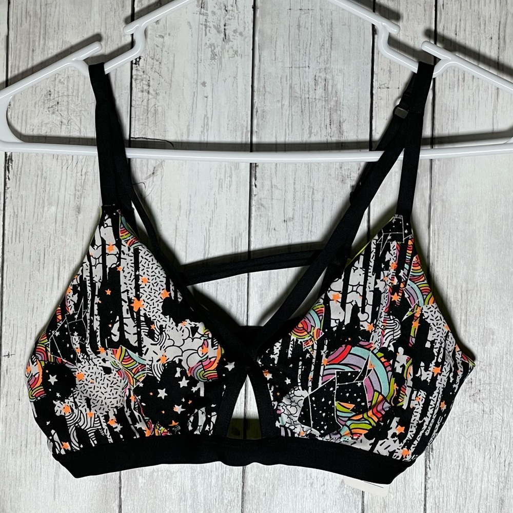 Zumba Cartoon Print Bra - Size Marvelous Medium Unicorns and Rainbows